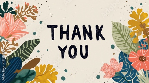 Thank you card with floral illustration and decorative leaves.