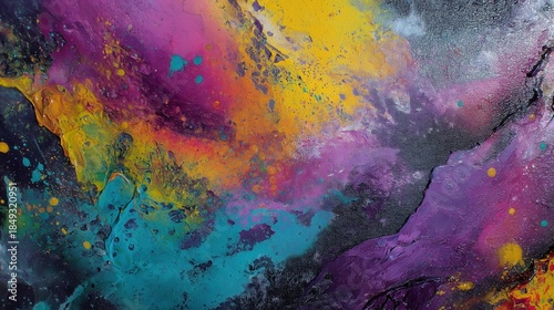 Abstract artwork with purple, yellow, and turquoise dynamic splashes.