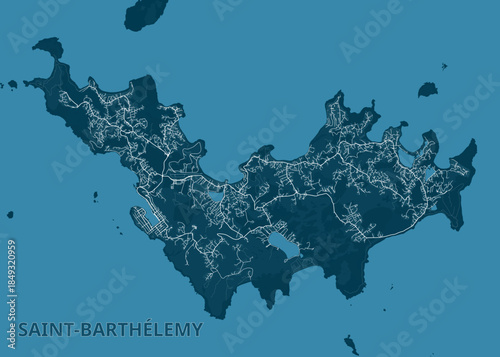 map of Saint-Barthélemy in teal and white. The island's shape is clearly defined against a teal background, with intricate white lines representing roads and pathways.