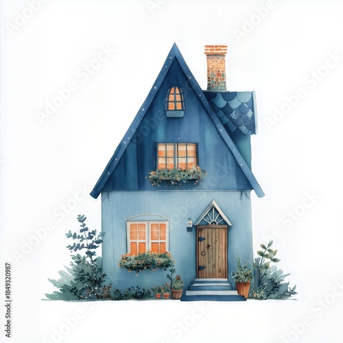 Blue house with plants and flowers in watercolor style.