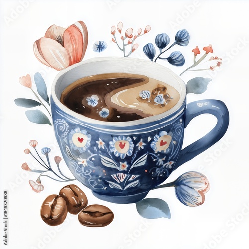 Blue floral coffee cup with flowers and beans illustration.