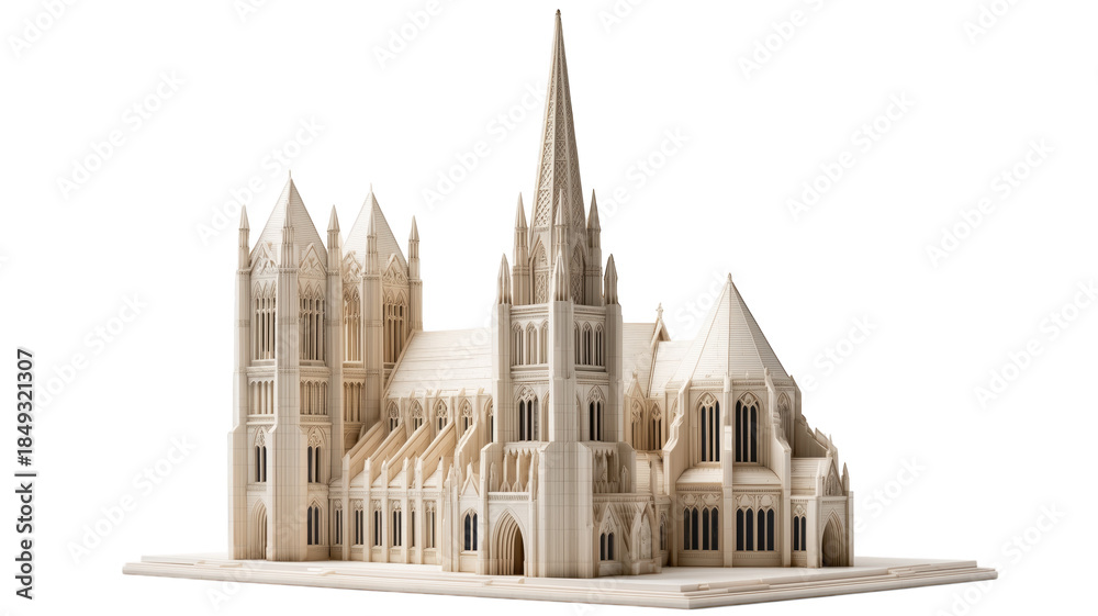 Obraz premium Grand Gothic cathedral architecture model isolated for historical or religious design projects.