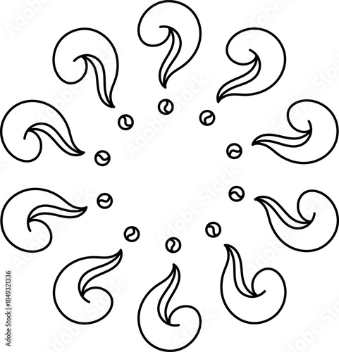 Circular doodle border made of scattered question marks. Vector outline icons used for problem solving, knowledge topics and creative graphic elements.