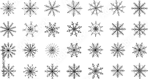 Diverse collection of 30 unique black and white snowflake designs, perfect for winter decorations, holiday season, Christmas cards, frosty themes, and elegant graphic elements.