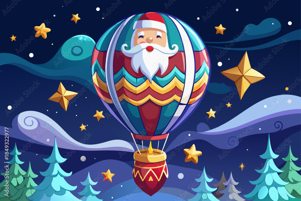 Fototapeta premium A beautiful balloon with a Santa Claus design, an attractive idea for Christmas, a dark background and attractive stars are drawn...