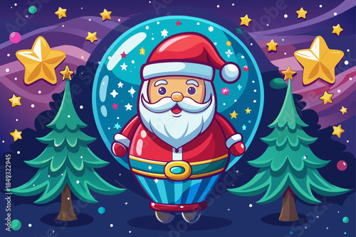A beautiful balloon with a Santa Claus design, an attractive idea for Christmas, a dark background and attractive stars are drawn...