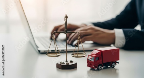 Legal logistics: justice scale, red truck, and business professional working on laptop