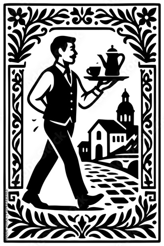 Vintage Walking Man With Lantern Travel Illustration
