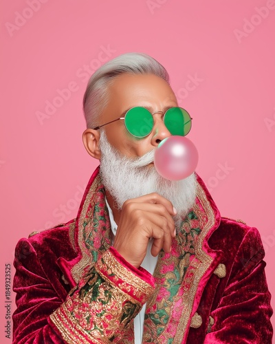Playful Santa with bubble gum on pink background. Christmas and New Year festive concept.