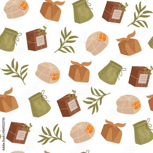 Seamless flat pattern with kraft gift and box in vintage paper style. Wrapped present and package appear as repeating christmas design, suitable for background use holiday decor.