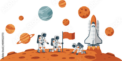 Three astronauts exploring a red planet, planting a flag with a rocket and other planets in space.