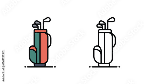Colorful and black outlined golf bag with clubs on white background