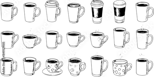 Black and White Line Art Collection of Various Coffee Cups and Mugs, Vector Icons for Food and Beverage