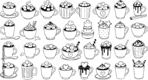 Black and White Line Art Collection of Hot Chocolate and Marshmallow Drinks, Perfect for Food and Beverage Vector Graphics
