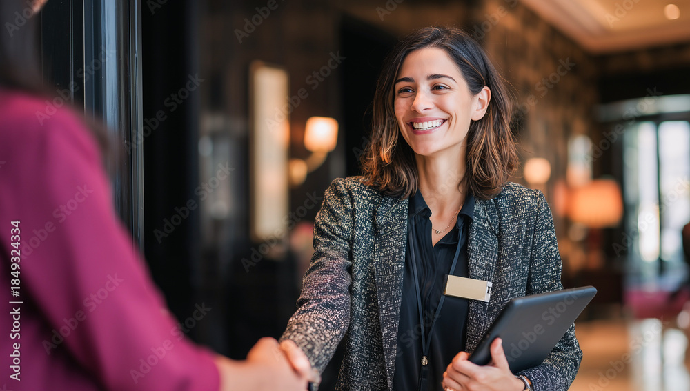 © Andrey - A smiling professional hotel receptionist in a grey blazer shakes hands with a guest in a lobby, holding a digital tablet. Shallow depth of field with warm indoor lighting.