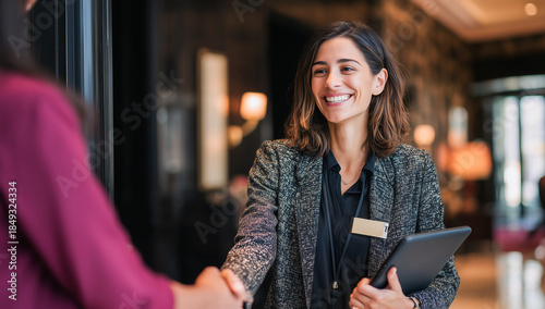 A smiling professional hotel receptionist in a grey blazer shakes hands with a guest in a lobby, holding a digital tablet. Shallow depth of field with warm indoor lighting.