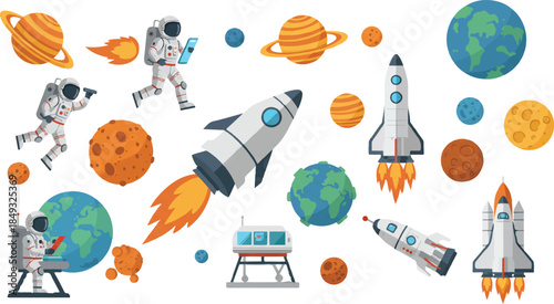 A collection of space exploration elements including astronauts, rockets, planets, and celestial bodies on a white background.