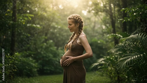 Radiant expecting mother cradles belly amidst lush, sun-dappled forest greenery serene nature