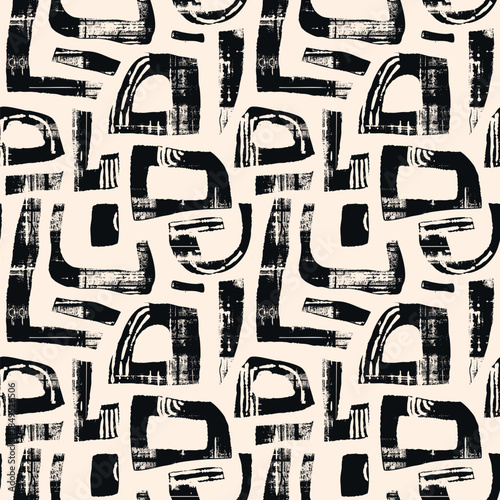 Vector seamless pattern with grunge brush strokes. Abstract texture with paint marks, brushwork, artistic shapes. Hand-painting style background. White and black color. Repeated trendy modern design