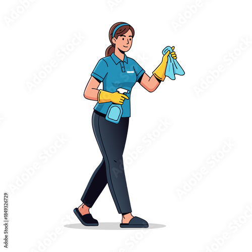 Cleaning Lady with Spray Bottle and Cloth Housekeeping Service Professional Cleaner.