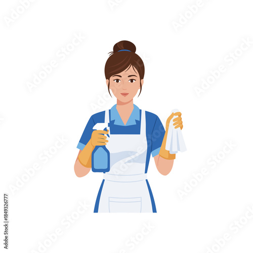 Woman Cleaner with Spray Bottle and Cloth Professional Housekeeping Service.