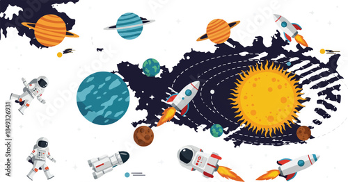 Cartoon space scene with planets, rockets, astronauts, and the sun within a dark, abstract cosmic shape.
