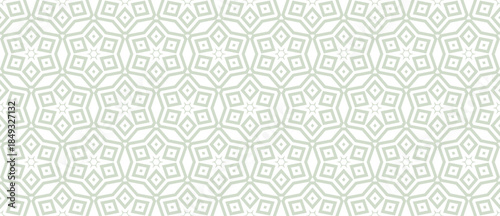 Vector seamless pattern with hexagonal star shapes, diamonds, snowflakes. Simple geometric background. Sage green and white subtle texture. Stylish repeated design for textile, package, decor, print