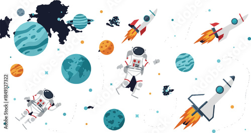 A vibrant cartoon illustration of space exploration with astronauts, rockets, and various planets floating against a white background.