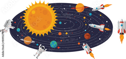 Cartoon illustration of the solar system with the sun, planets, orbiting rockets, and floating astronauts in outer space.