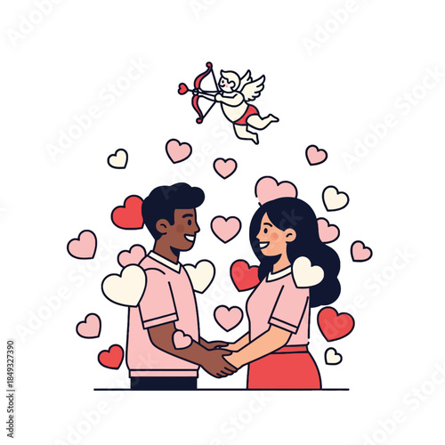 Illustration of a romantic couple holding hands with a cupid and floating hearts around them on a white background.