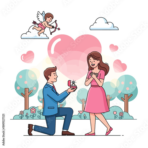 Cartoon illustration of a man proposing to a woman with a cupid flying above, surrounded by hearts in a park.