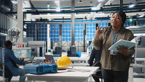 Quadro su tela Professional female presenter discusses green energy business investment in a high tech solar panel plant, showcasing innovation for eco friendly sustainable solutions