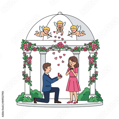 A man proposing to a woman under a romantic floral archway with cherubs on Valentine's Day