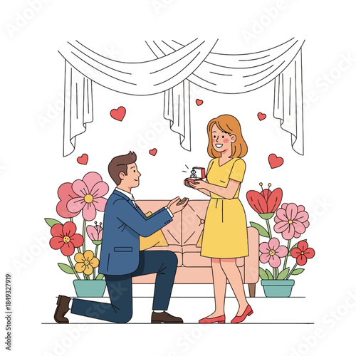 A man proposing to a woman with a cup of coffee on valentine's day with flowers and hearts around them