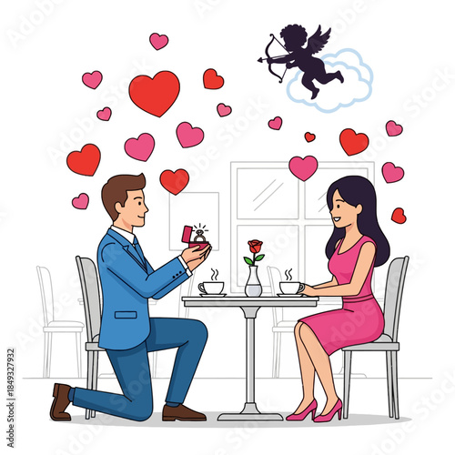A man proposing to a woman with a ring at a romantic restaurant table on Valentine's Day with hearts and Cupid flying above them.