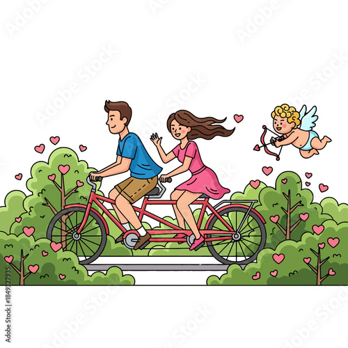 A cartoon illustration of a couple riding a tandem bicycle with a cherub flying above, surrounded by hearts on a white background.