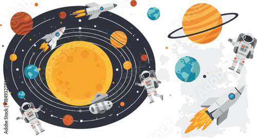 Vibrant illustration of a solar system with planets, rockets, and astronauts floating in space.