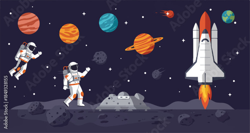 Astronauts exploring a new planet with a spaceship launching in the background, surrounded by planets and stars.