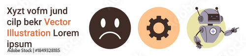 Emotions, technology, automation, robotics, progress, innovation. Sad face icon, gear symbol robot arm with a plus sign. Emotions and technology through relatable symbols