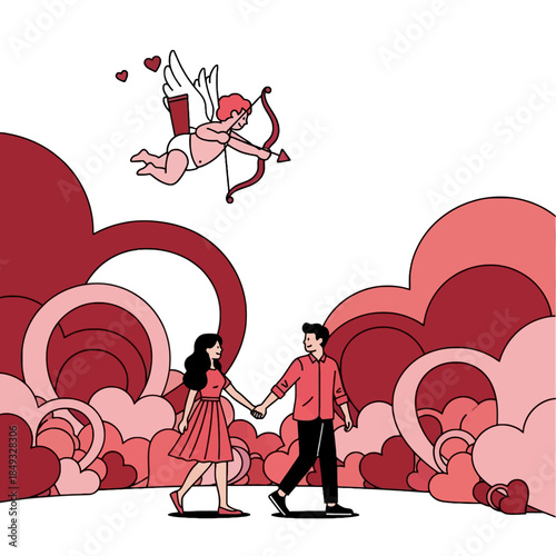 Illustration of a romantic couple holding hands under a flying Cupid with hearts and clouds in a pink and red color scheme.