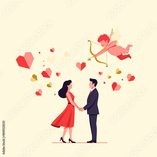 Illustration of a romantic couple holding hands with Cupid and hearts floating around them on a pale background.