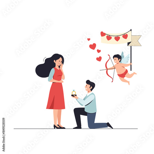 A man proposing to a woman with a valentine-themed banner and cupid in the background, conveying love on a white background.