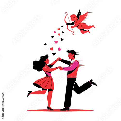 Illustration of a romantic couple dancing under a cherub with hearts, conveying love and valentine's day theme.