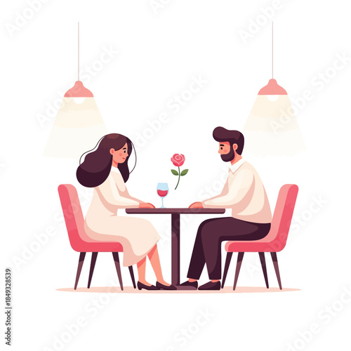 A romantic couple on a date sitting at a table with a rose and wine glasses in a cozy restaurant setting.