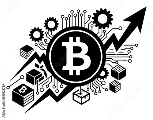 Bitcoin cryptocurrency growth concept with gears circuit lines and rising arrow