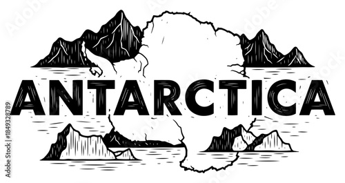 Antarctica continent map silhouette with mountains and typography vector