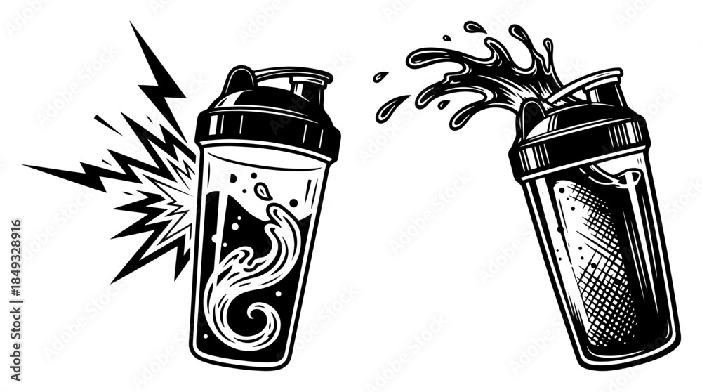 Fototapeta premium Dynamic protein shaker bottles with splashing liquid and energy lightning bolts