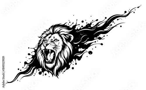 Aggressive roaring lion head tattoo design with splashing mane