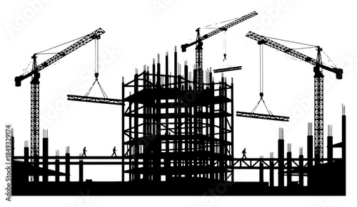Construction site silhouette with tower cranes and building framework