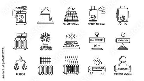 Alternative energy icons representing sustainable resources generate power in lineart style or eco power devices producing energy using renewable sources are illustrated as a vector set